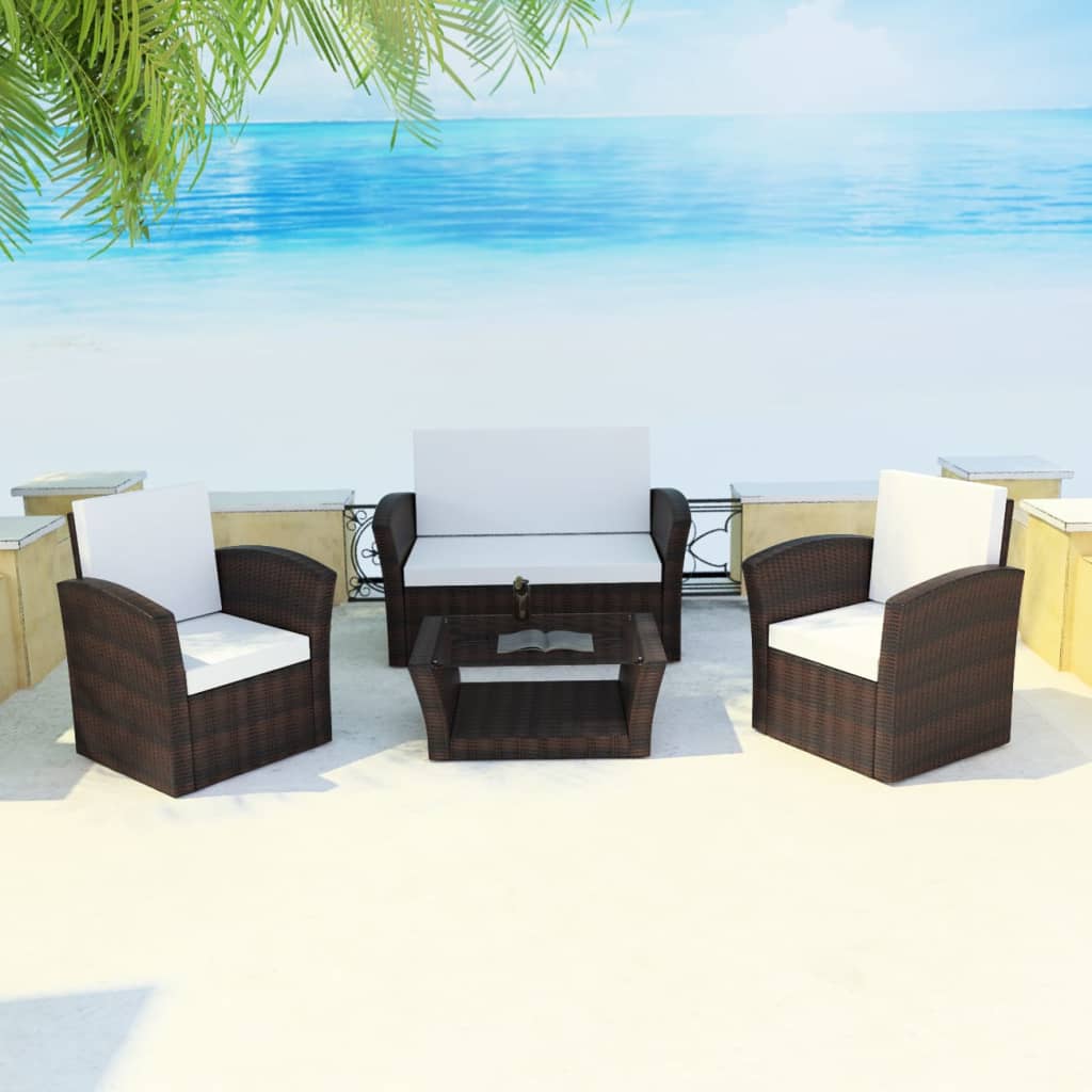 4 Piece Garden Lounge set with Cushions Poly Rattan Brown