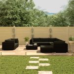 10 Piece Garden Lounge Set with Cushions Poly Rattan Black