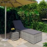 Sun Lounger with Cushion and Tea Table Poly Rattan Grey