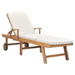 Sun Lounger with Cushion Solid Teak Wood Cream