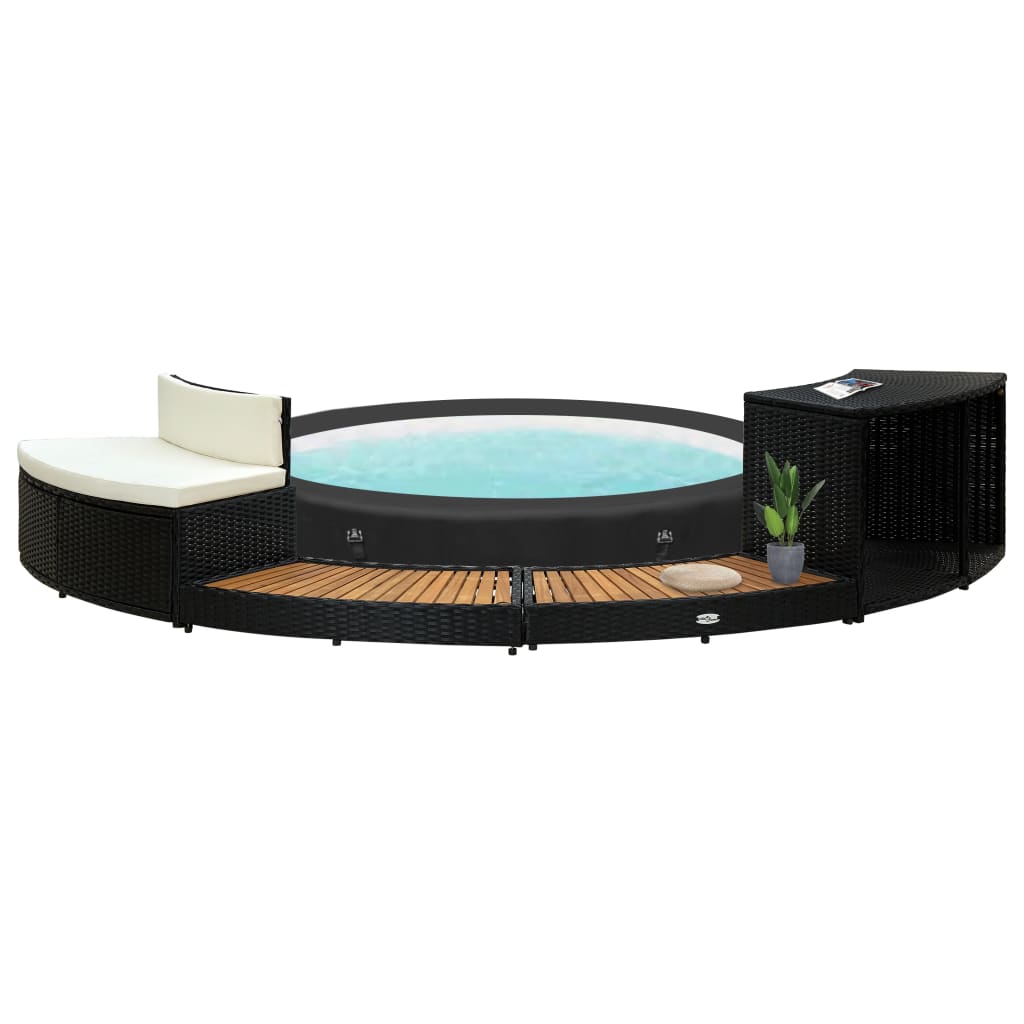 Spa Surround Black Poly Rattan and Acacia Wood