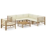 7 Piece Garden Lounge Set with Cream White Cushions Bamboo
