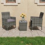 3 Piece Bistro Set Poly Rattan and Tempered Glass Grey