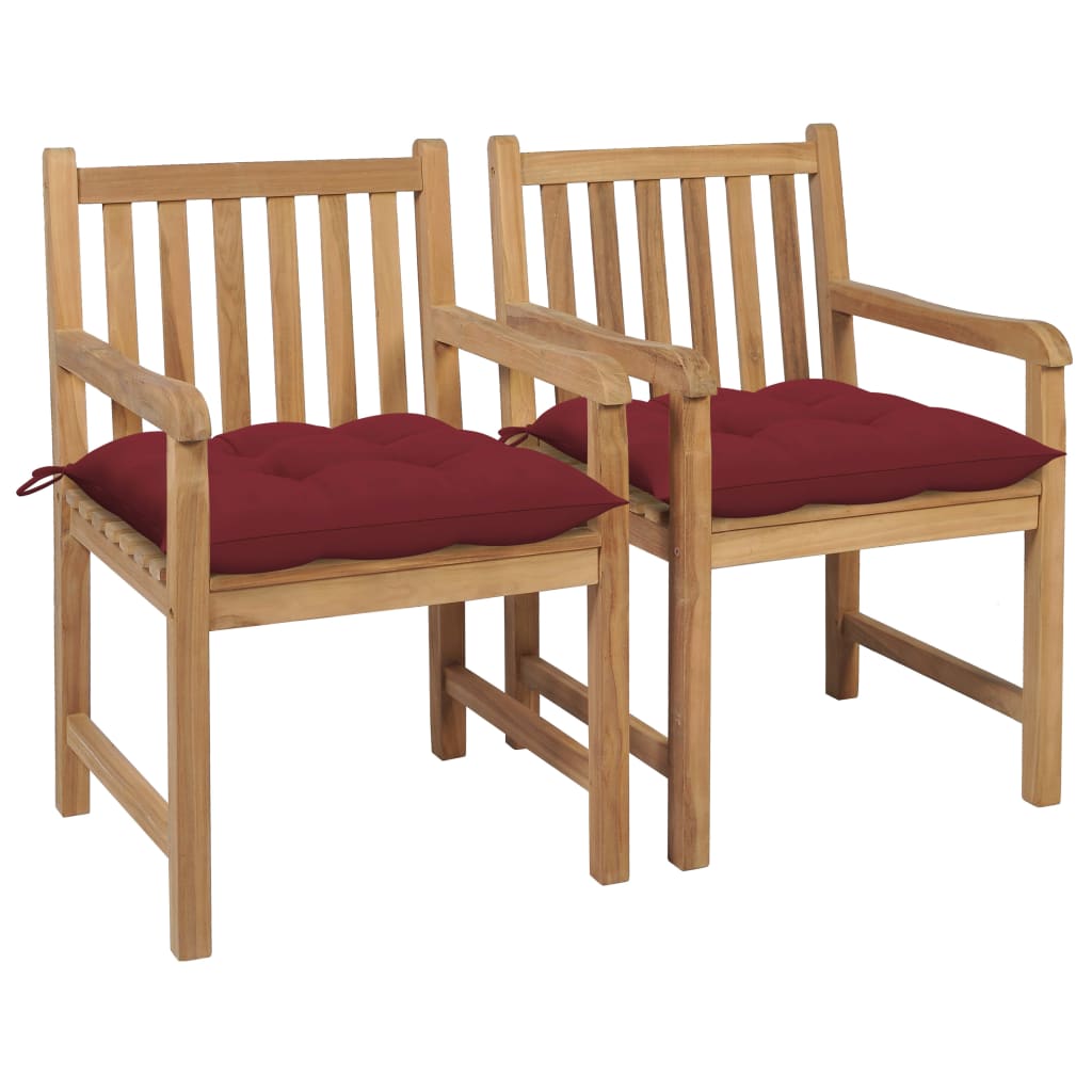 Garden Chairs 2 pcs with Wine Red Cushions Solid Teak Wood