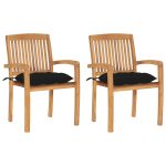 Garden Chairs 2 pcs with Black Cushions Solid Teak Wood