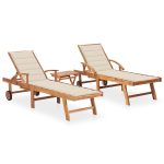 Sun Loungers 2 pcs with Table and Cushion Solid Teak Wood