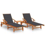 Sun Loungers 2 pcs with Table and Cushions Solid Acacia Wood