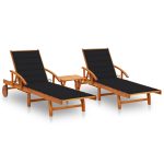 Sun Loungers 2 pcs with Table and Cushions Solid Acacia Wood