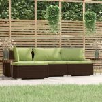 4 Piece Garden Lounge Set with Cushions Brown Poly Rattan