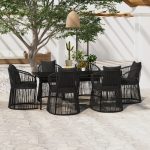 7 Piece Garden Dining Set with Cushions Black