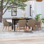 7 Piece Garden Dining Set with Cushions Brown