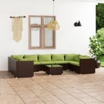 10 Piece Garden Lounge Set with Cushions Poly Rattan Brown