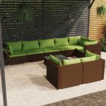 9 Piece Garden Lounge Set with Cushions Brown Poly Rattan