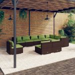 10 Piece Garden Lounge Set with Cushions Poly Rattan Brown