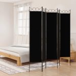 5-Panel Room Divider Black 200×200 cm Fabric