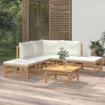 6 Piece Garden Lounge Set with Cream White Cushions Bamboo