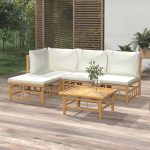 5 Piece Garden Lounge Set with Cream White Cushions Bamboo
