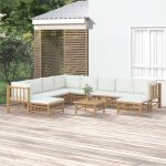 11 Piece Garden Lounge Set with Cream White Cushions Bamboo