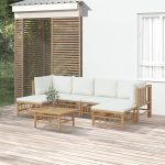 7 Piece Garden Lounge Set with Cream White Cushions Bamboo