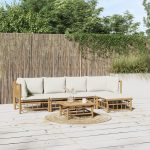 6 Piece Garden Lounge Set with Cream White Cushions Bamboo